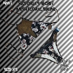 💥Victoria's Secret Black Floral High Neck Mesh Peekaboo Skimpy Cheeky Bikini XS